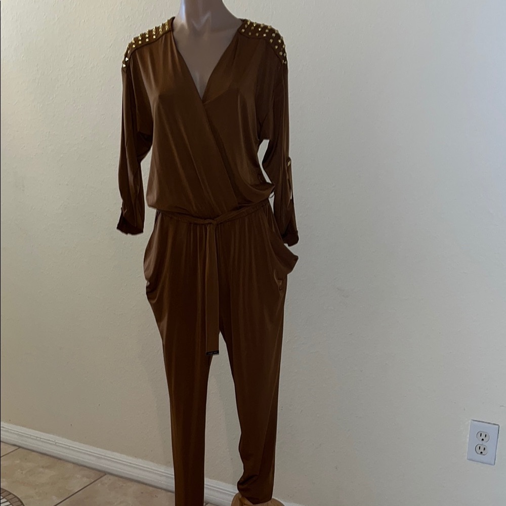Elegant Brown Jumpsuit with Studded Shoulders